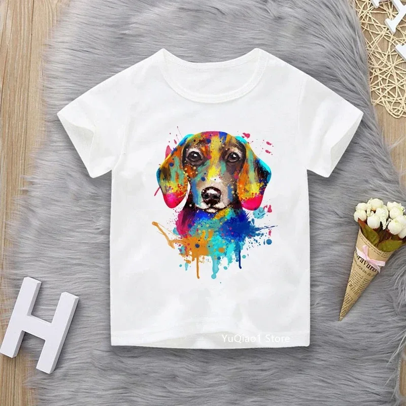 Watercolor Dachshund Animal Print T Shirt Kids Lovely Tshirt Summer Boys Clothes Girls T-Shirts Teen Youth Student Casual Tops