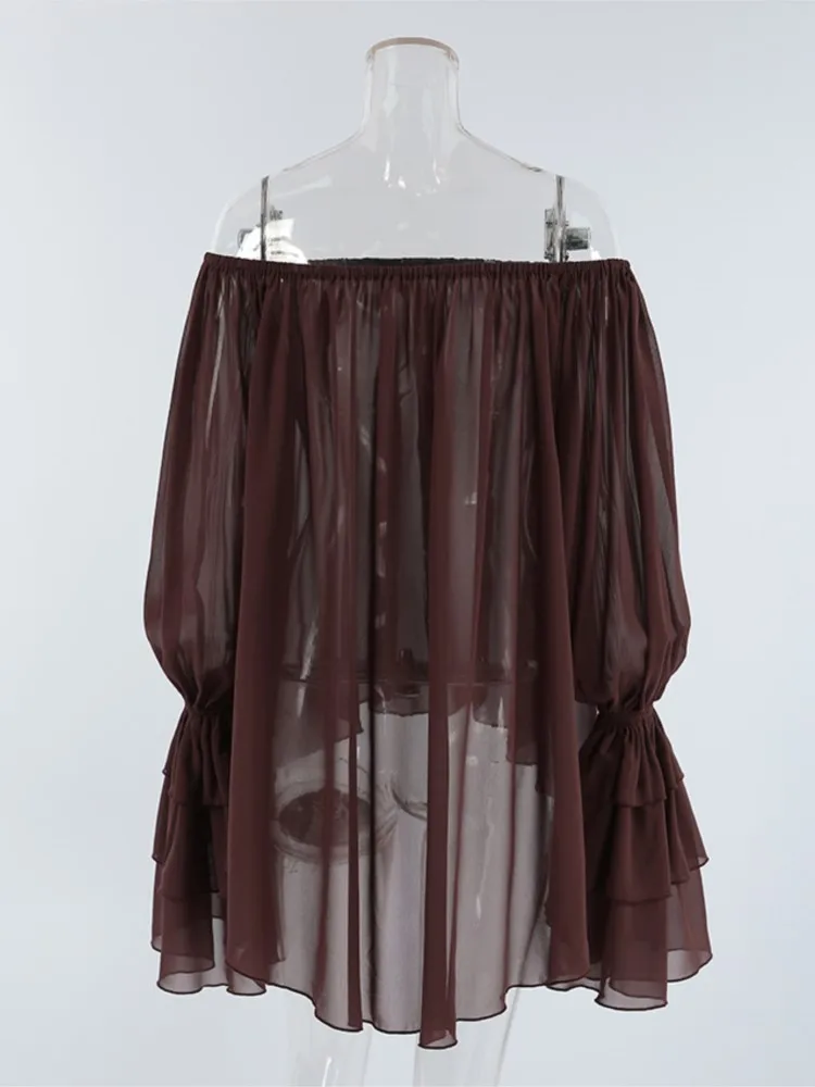 Fashion Brown One Neck Shirt Women See Through Ruffle Edge Loose Blouse 2025 New Summer Chic Vintage Casual Long Sleeve Shirts