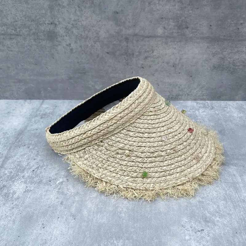 Women's Summer New Fashion Raffia Visor Hat Colorful Stone Sun Protection Cap
