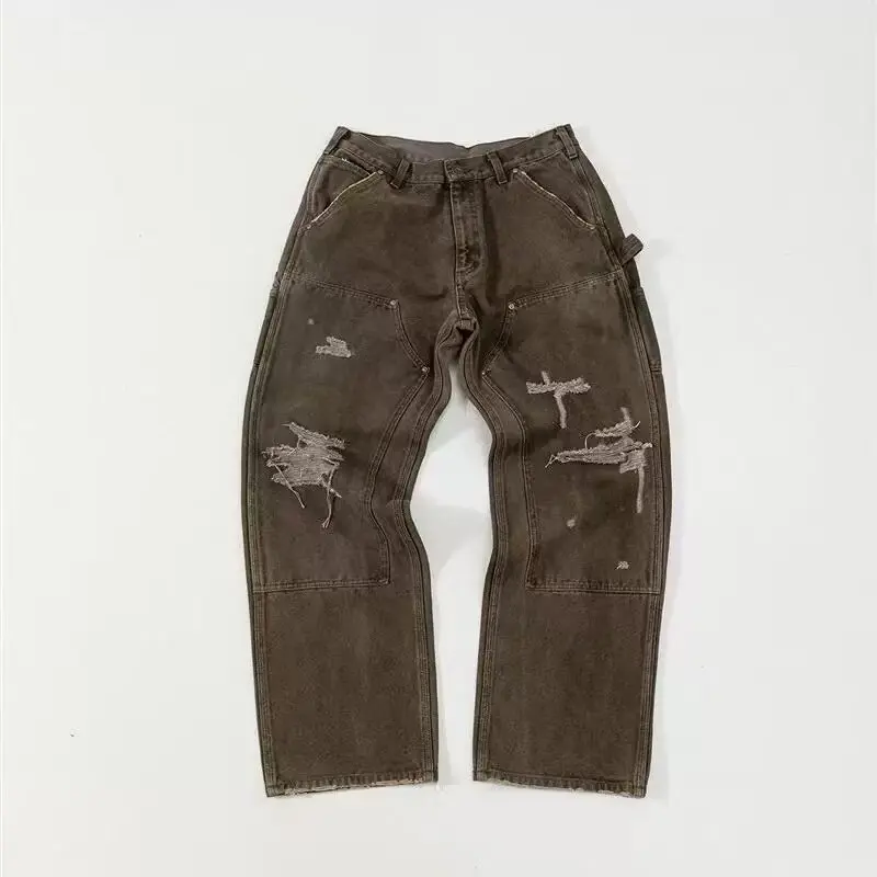 Saint heavy destruction ink splashing vintage lumberjack loose straight pants