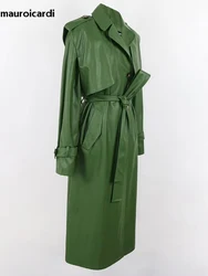 Mauroicardi primavera longo verde couro do plutônio trench coat para mulher com fenda traseira faixas único breasted elegante roupas de luxo 2024