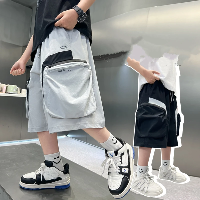 Stylish Kids Summer Cotton Cargo Shorts With Big Pocket for Teenage Boy Casual Casual Shorts Children Beige Black Color Pants
