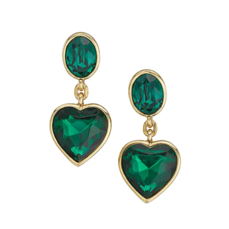Os Vintage Emerald Green Heart Stud Earrings,Gold-plated Two-Tier Oval & Love Heart Faceted Crystal Dangle for Women Party Gifts