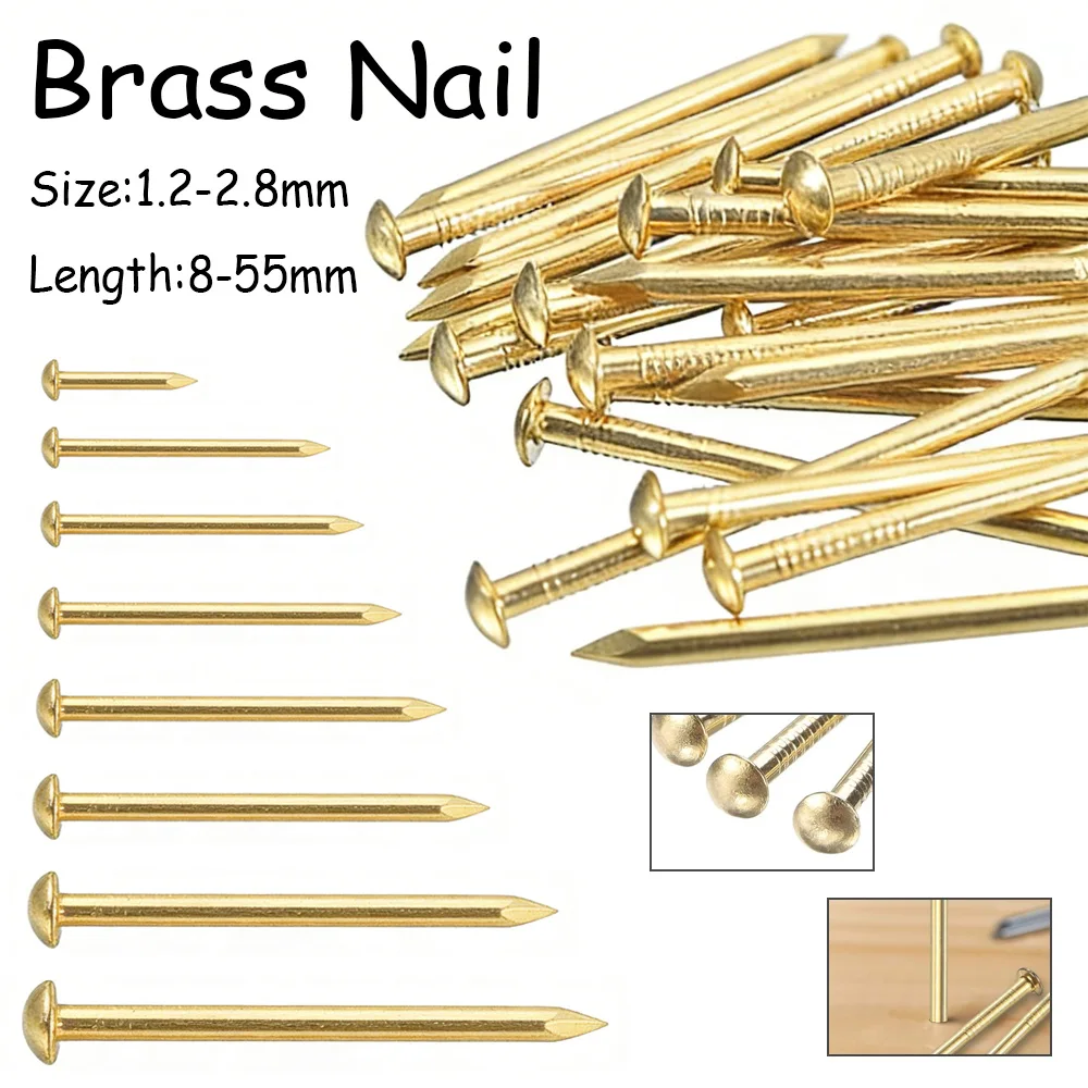 25-200pcs Brass Small Round Head Nails, 1.2/1.5/2/2.8mm Coppers Nails for Furniture Hinge, Jewelry Box & Drum Repair