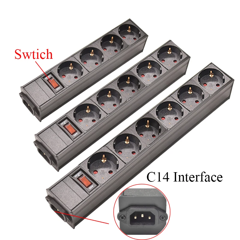 EU Power Strip with Switch 2-12Ways EU Outlets Socket C14 interface Aluminum alloy shell Home Office extension socket