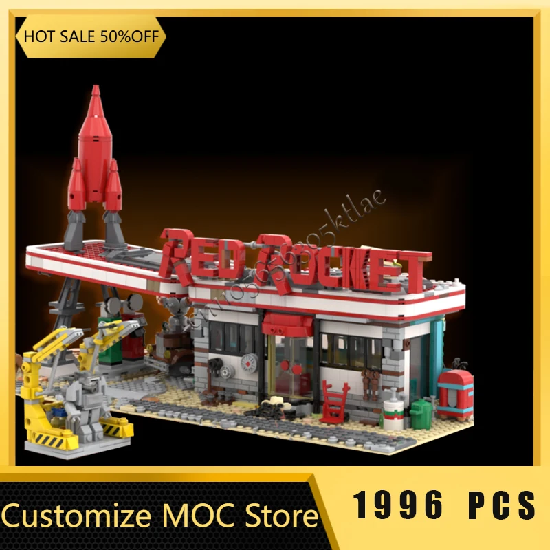 1996 PCS 창의적인 도시 거리 풍경 레드 로켓 모듈식 주유소 (폴아웃 MOC 빌딩 블록 모델 장난감) 어린이 크리스마스 선물