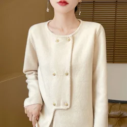 Women's Coat 100% Merino Wool Sweater Women's Clothing Round neck Knitted Cardigan Autumn/Winter Long Sleeved Warm Tops