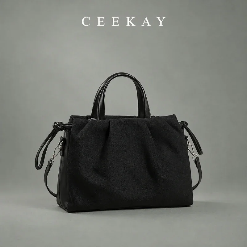 CEEKAY Canvas Tote Bag Top Handle Ruched Front Side Knot Strap All-Match Daily Commute Casual Spacious Elegant for Women
