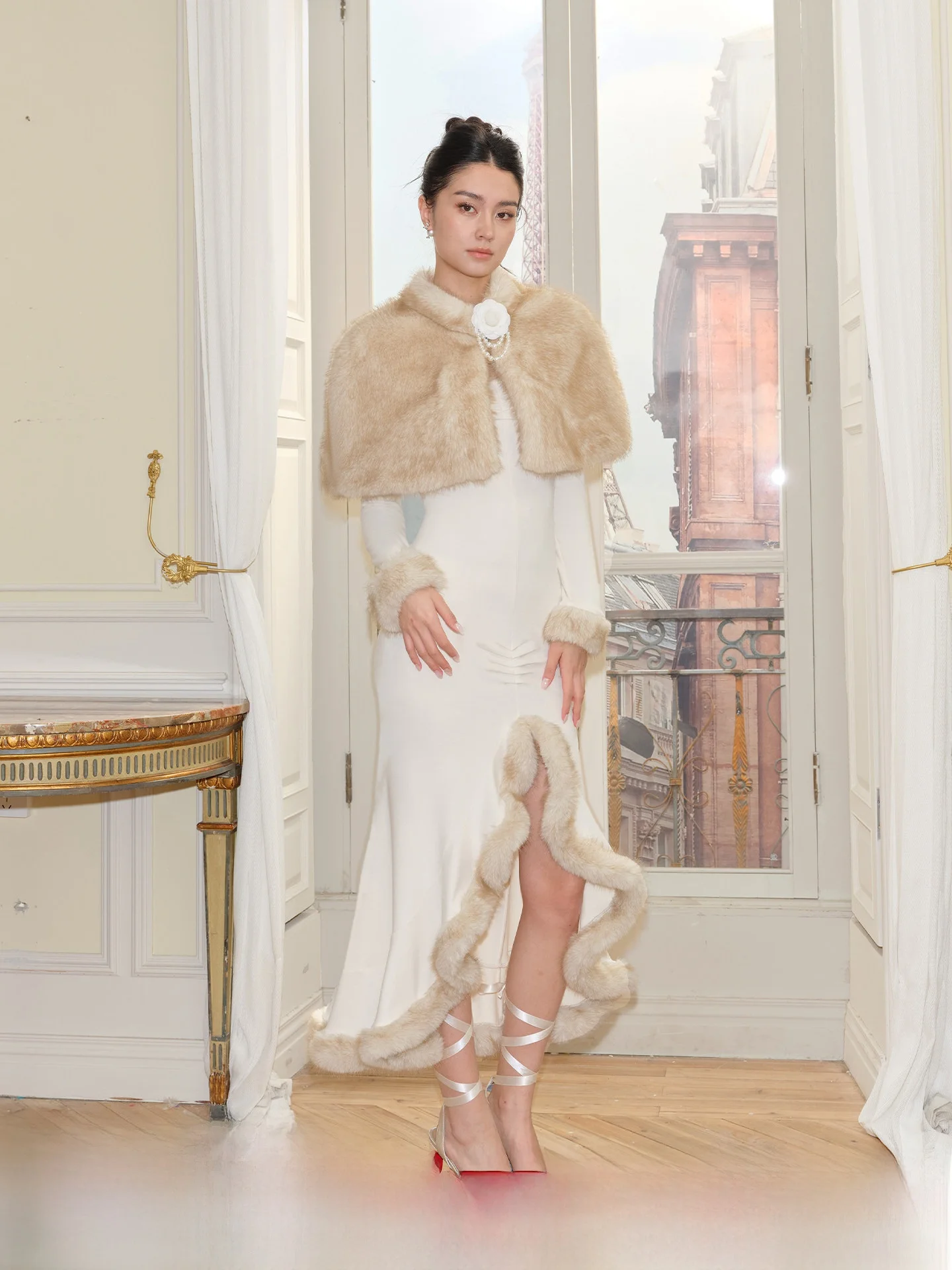 

Зимний теплый женский костюм-двойка с длинным рукавом, облегающий, с высокой талией, из искусственного меха, в стиле «фэйшн»