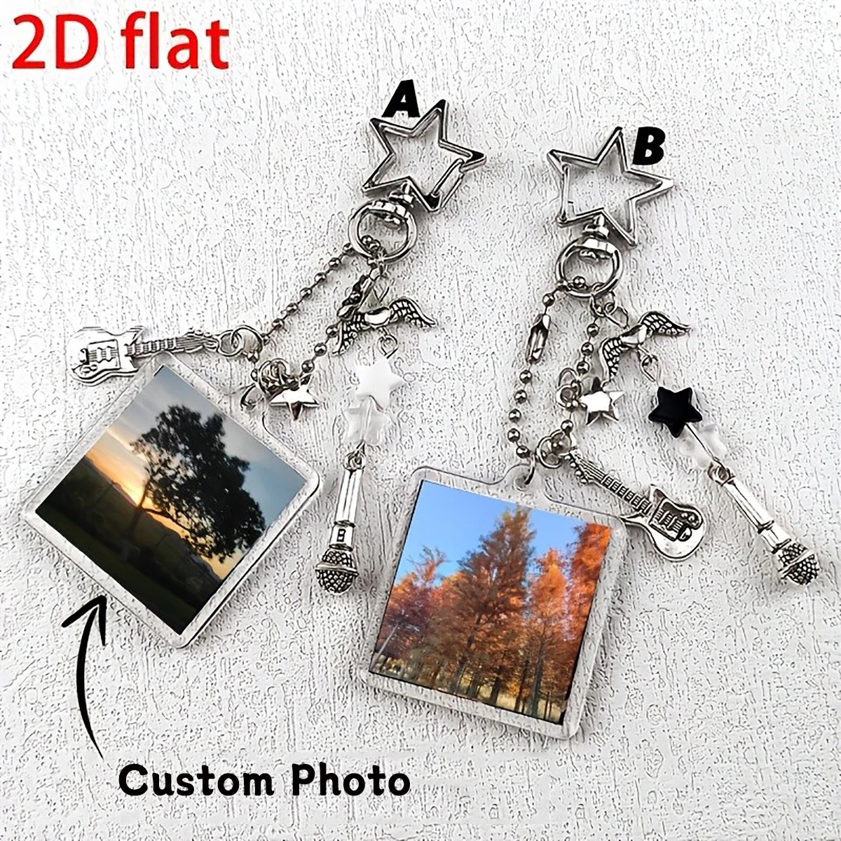 Custom -2D flat creative acrylic custom picture cartoon photo frame commemorative key chain, guitar microphone pendant key ring,