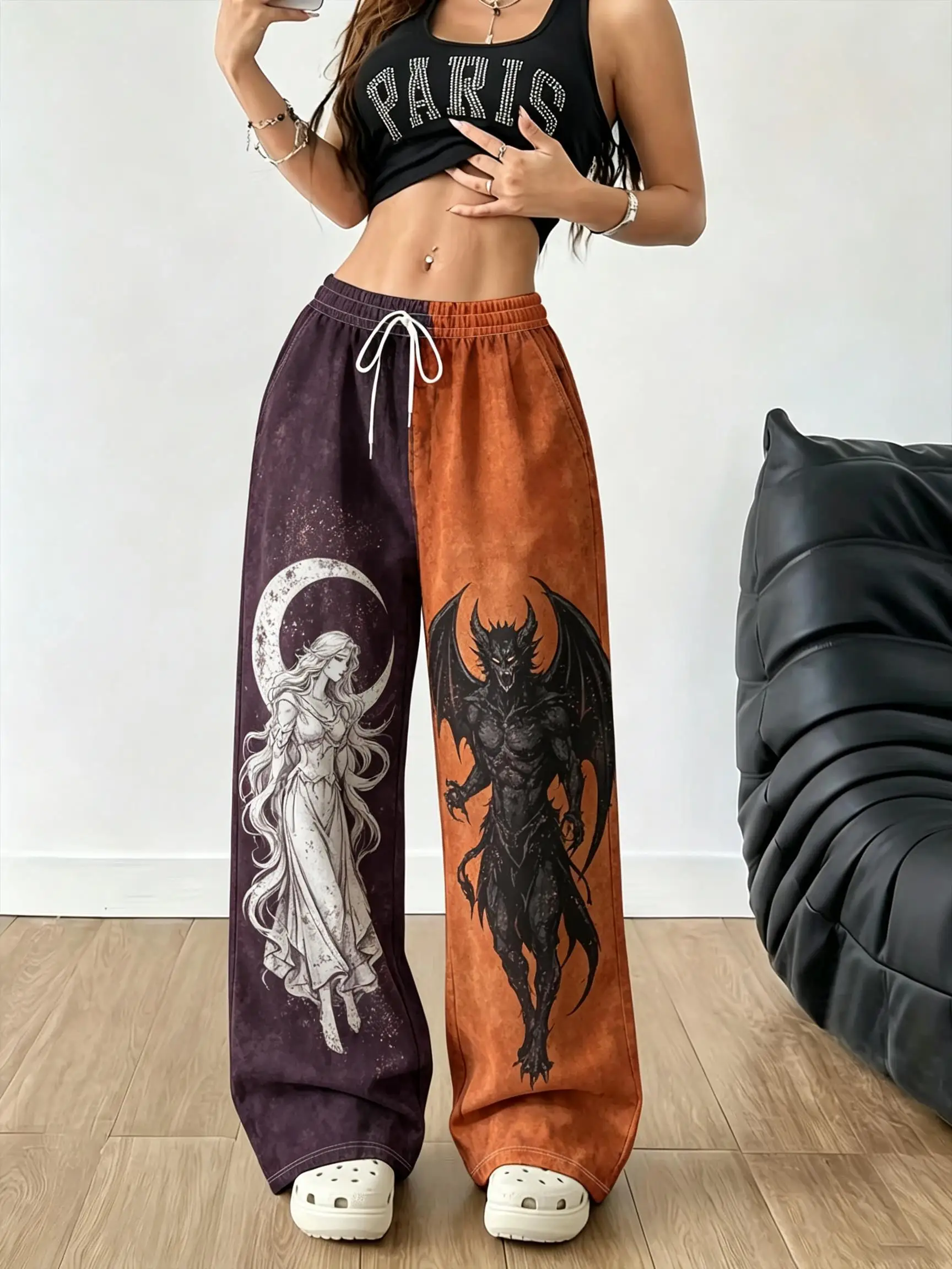 Halloween Women Y2K Contrast Color Spliced Wide Leg Pants Fantasy Animal Print Elastic High Waist