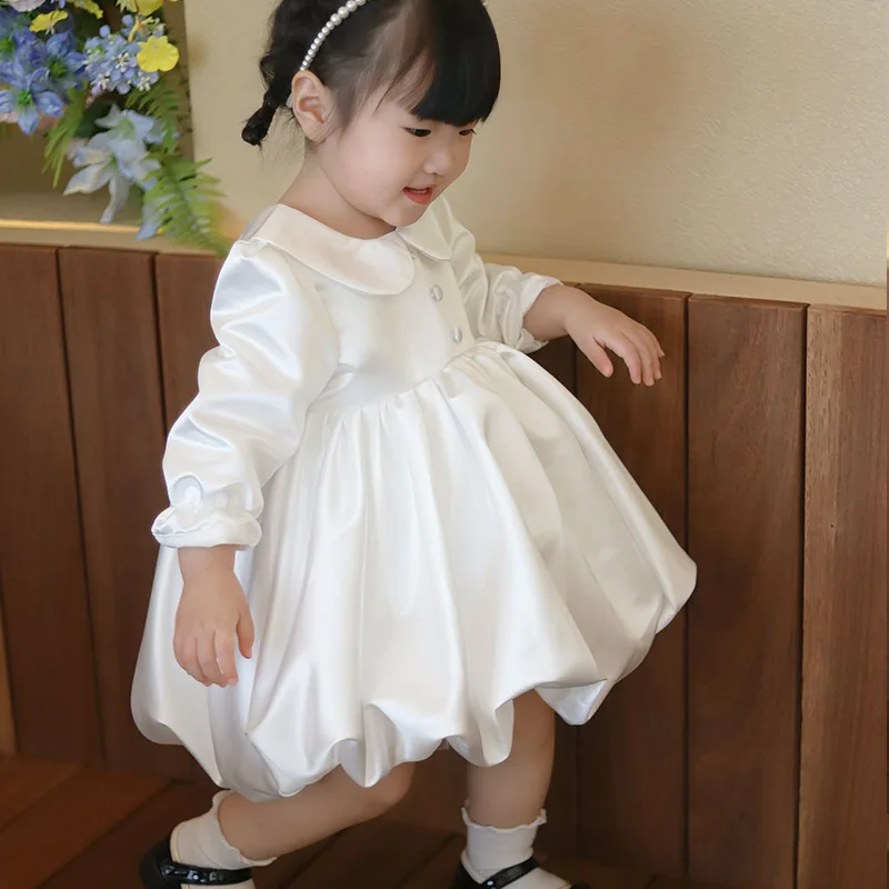 

2025 New Spring Girls Birthday Baptism White Princess Ball Gown Children Cute Doll Collar Long Sleeve Wedding Dress g229
