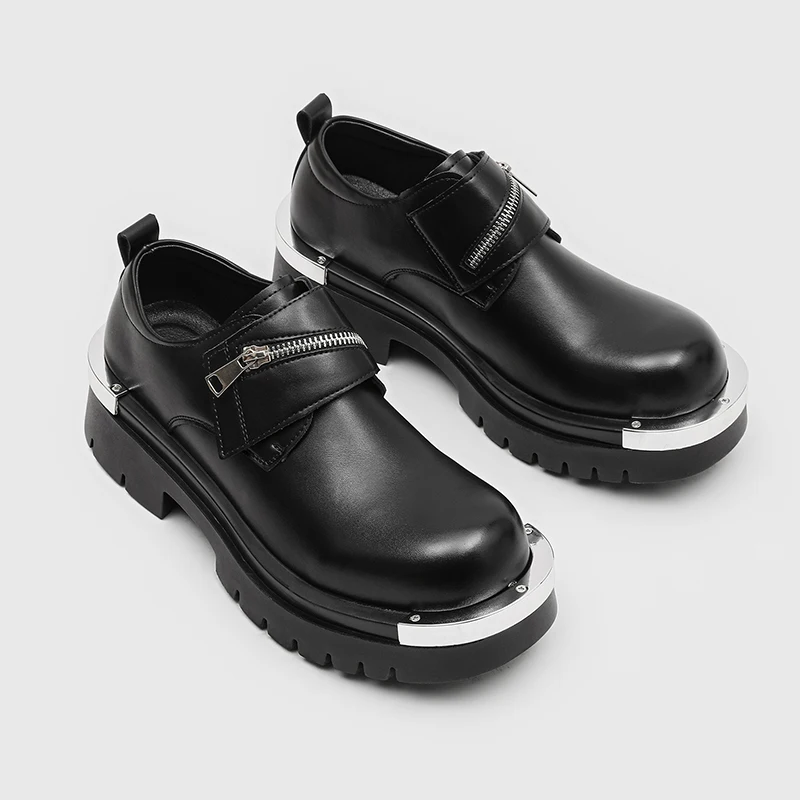 

Casual Men's Derby Shoes Thick Bottom Black Large Head Metal Style Rubber Outsole Round Toe Comfortable Leather Lined Footwear