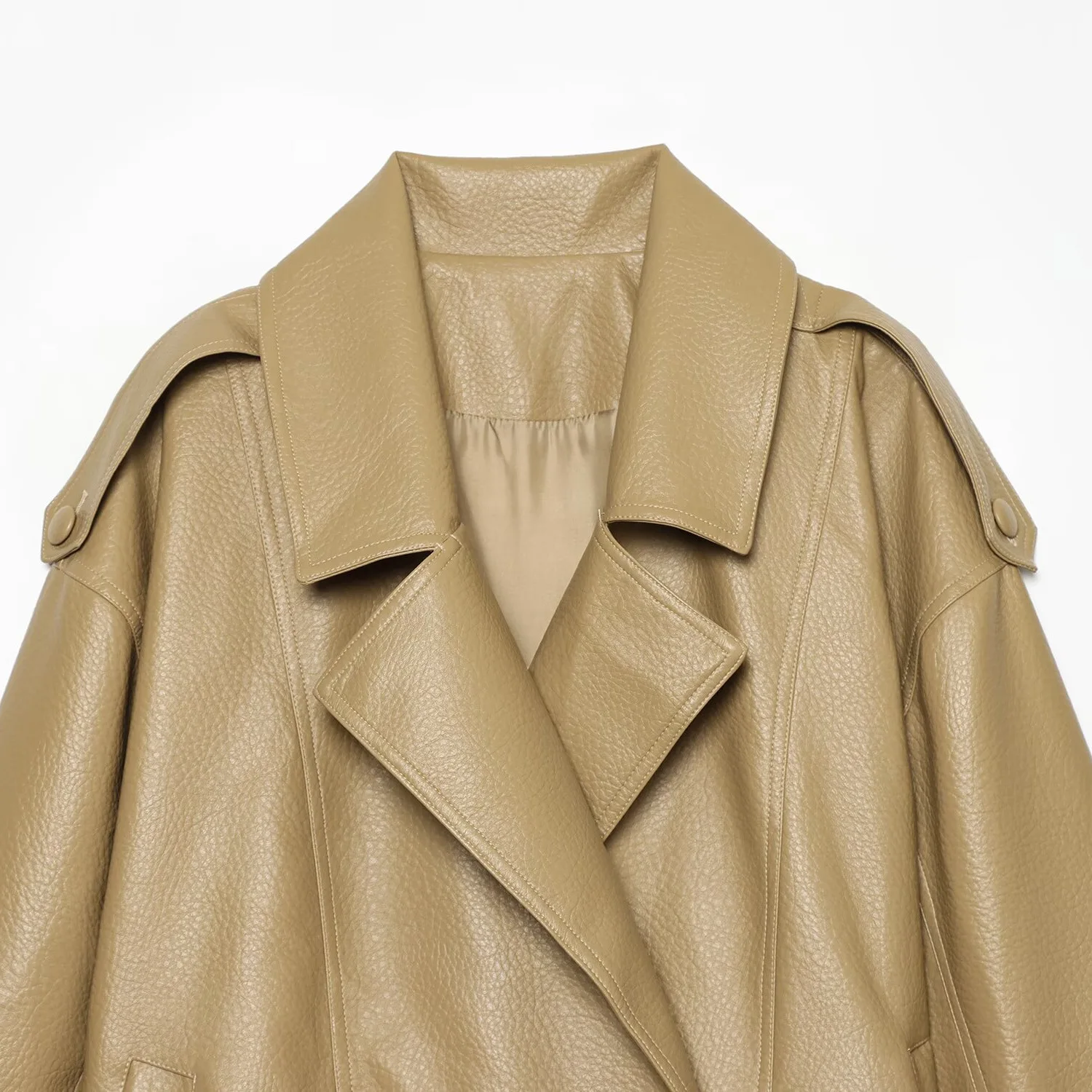 Loose Double-breasted Leather Effect Jacket Pilot Coat Women's Fashion Turn-down Collar Long Sleeve Short Length Button Detail