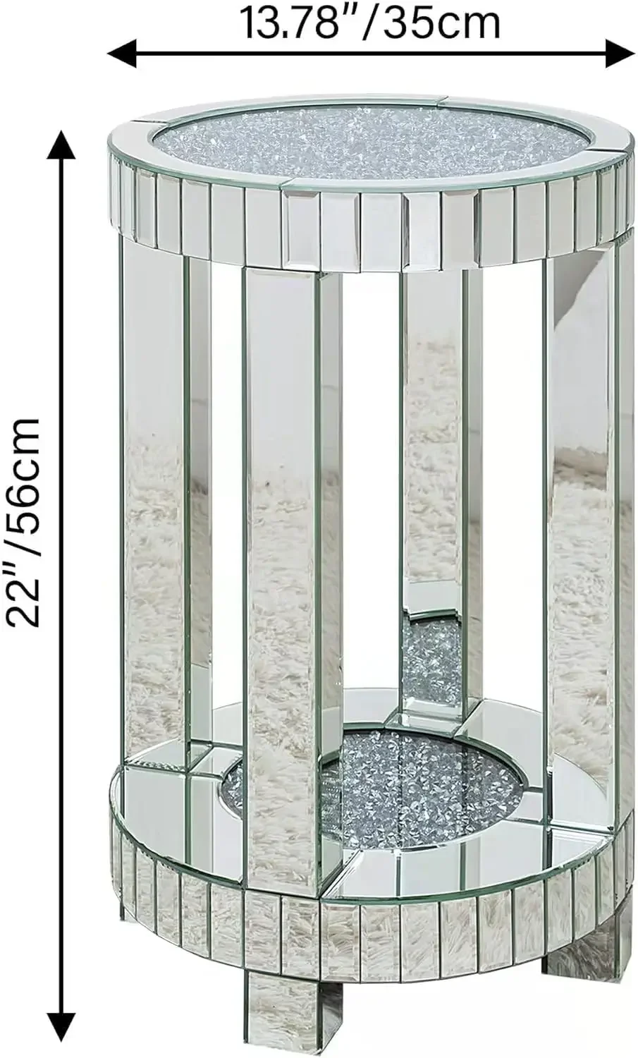 SHYFOY Mirrored End Table Round with Crystals Inlay, 2-Tier Modern Small Sofa Table with Storage, Silver Accent Table