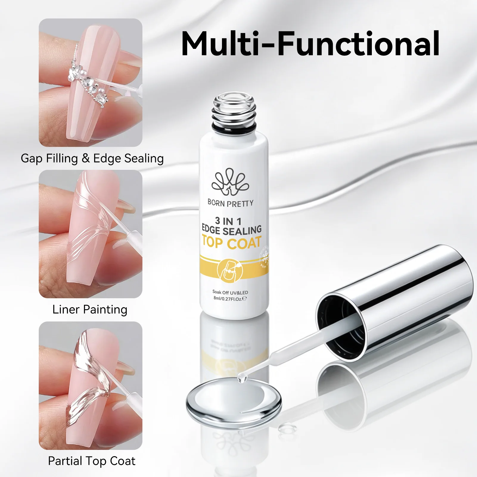 BORN PRETTY3 IN 1 Edge Sealing Top Coat  8ml Gel Polish Liner Painting Gaps Filling & Edge Sealing Soak Off Multi-Functional