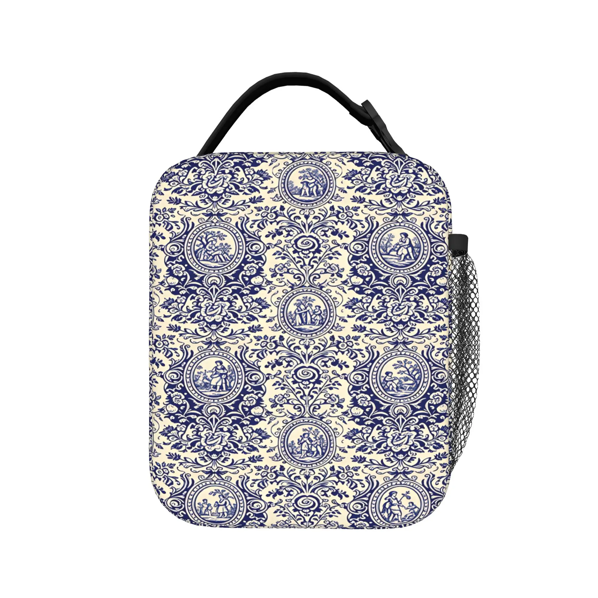 Navy Blue Toile De Jouy  Lunch Bag  Kawaii Lunch Box Travel Convenient Thermal Tote Handbags For Child Oxford Print Cooler Bag