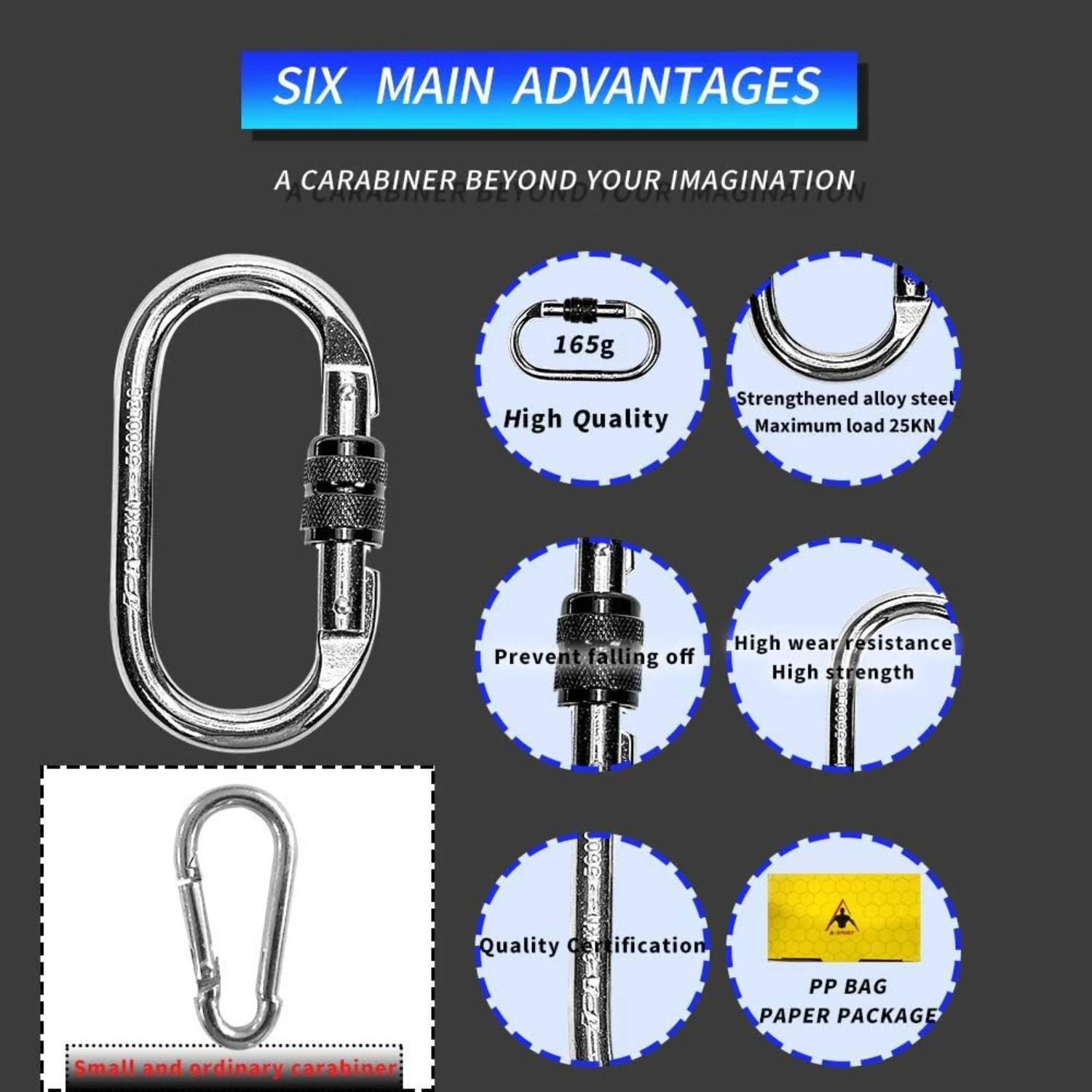 Juego resistente y confiable de 2 mosquetones de escalada de alta resistencia, fuerte capacidad de 25kn = 5600 libras, equipo duradero para cuerdas y aparejos