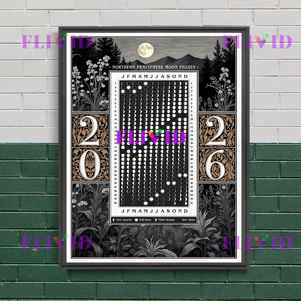 Moon Phase Calendar 2026 Wall Art,Celestial Moon Cycle Chart Canvas Painting,Minimalist Witch,Wicca,Astrology Art Poster Print