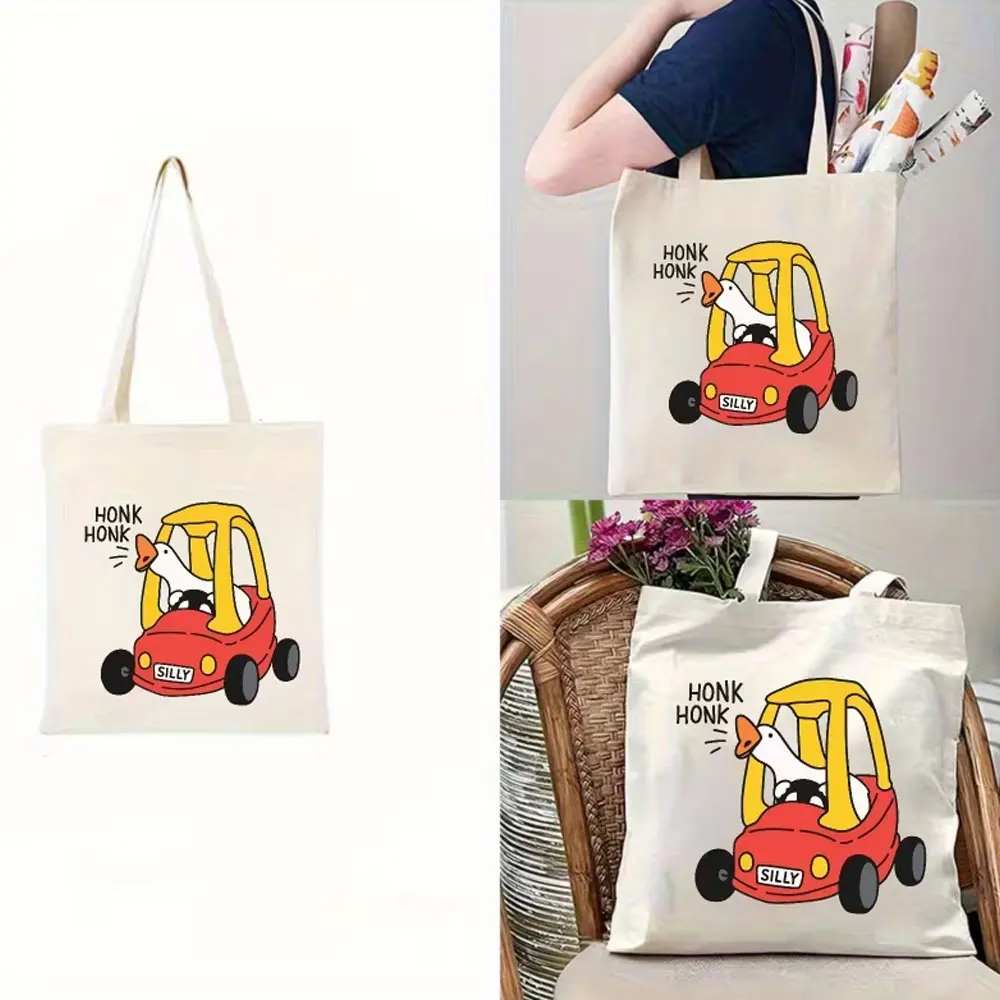 Canvas-Tragetasche mit Cartoon-Enten-Design, „Honk Honk Silly“, umweltfreundliche, wiederverwendbare Tragetasche mit großem Fassungsvermögen für den täglichen Gebrauch, zum Einkaufen und Reisen. – Detail 1
