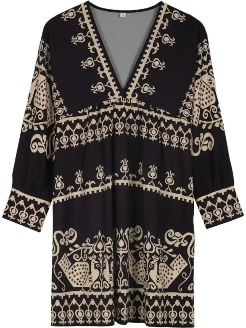 Plus Size Women's Spring Loose  V-neck Full Body Printed Fashion Short Dress  Pullover Long Sleeve Dress Bodycon Dress