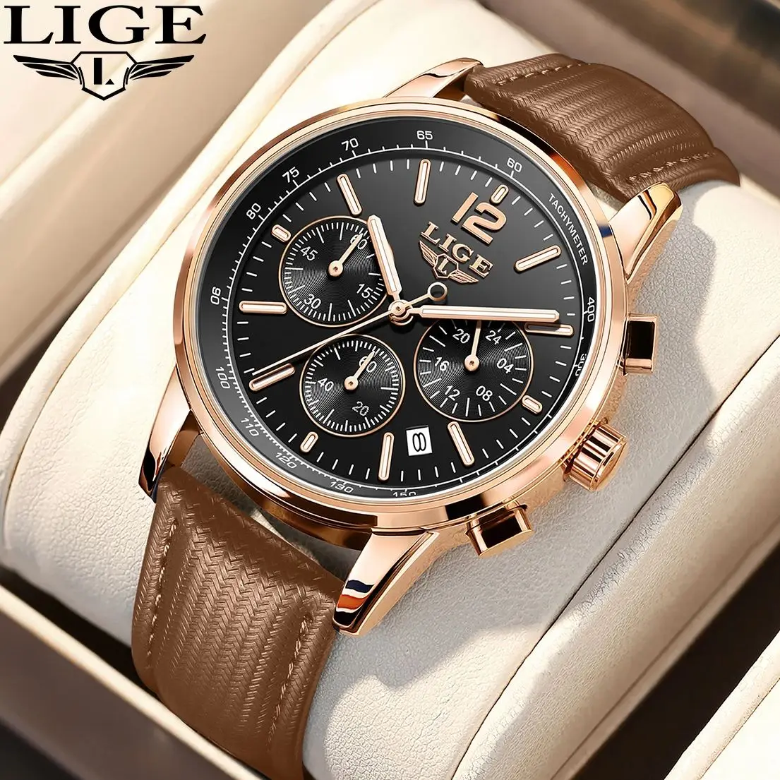 

Мужские часы LIGE: элитные спортивные военные часы, водонепроницаемые, светящиеся, с хронографом, нейлоновым и кожаным ремешком, с датой, кварцевые.