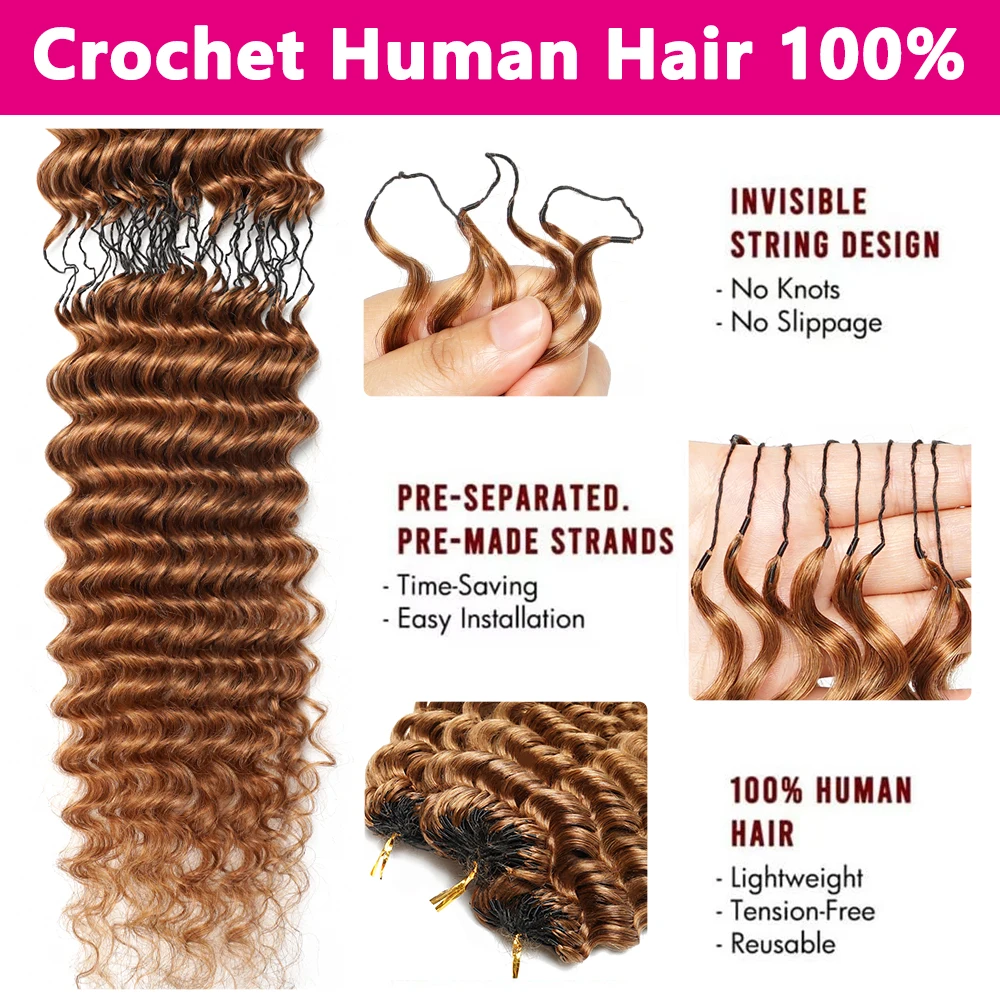 #30 Deep Wave Miracle Knots Crochet Human Hair Crochet Braids Invisible Knot Salon Quality Burmese Curly Crochet Hair Honey Blonde Feather Crochet Human Hair 100% Lightweight Miracle Knots Crochet Human Hair Bundles For Black Woman 60g/pcs