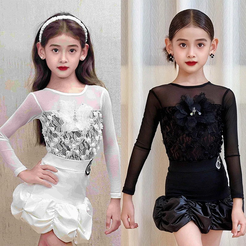 Ropa de actuación de baile latino para niñas, vestido de encaje de manga larga, vestido de competición de baile Cha Rumba para niños, conjunto dividido