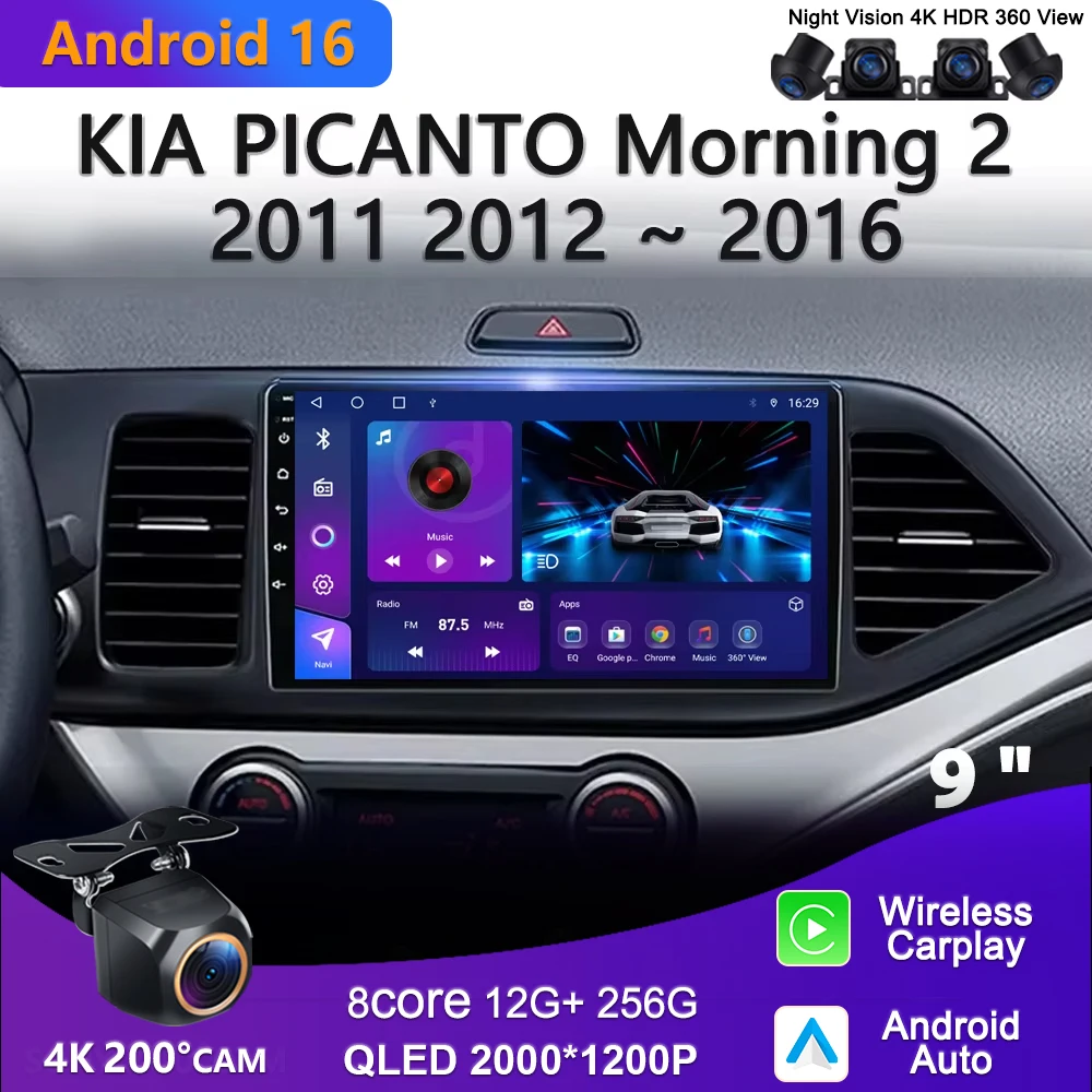 2K Incell Screen Android 16 Auto For KIA PICANTO Morning 2011-2016 Multimedia Car Player Navigazione GPS Stereo Carplay Dash 5G