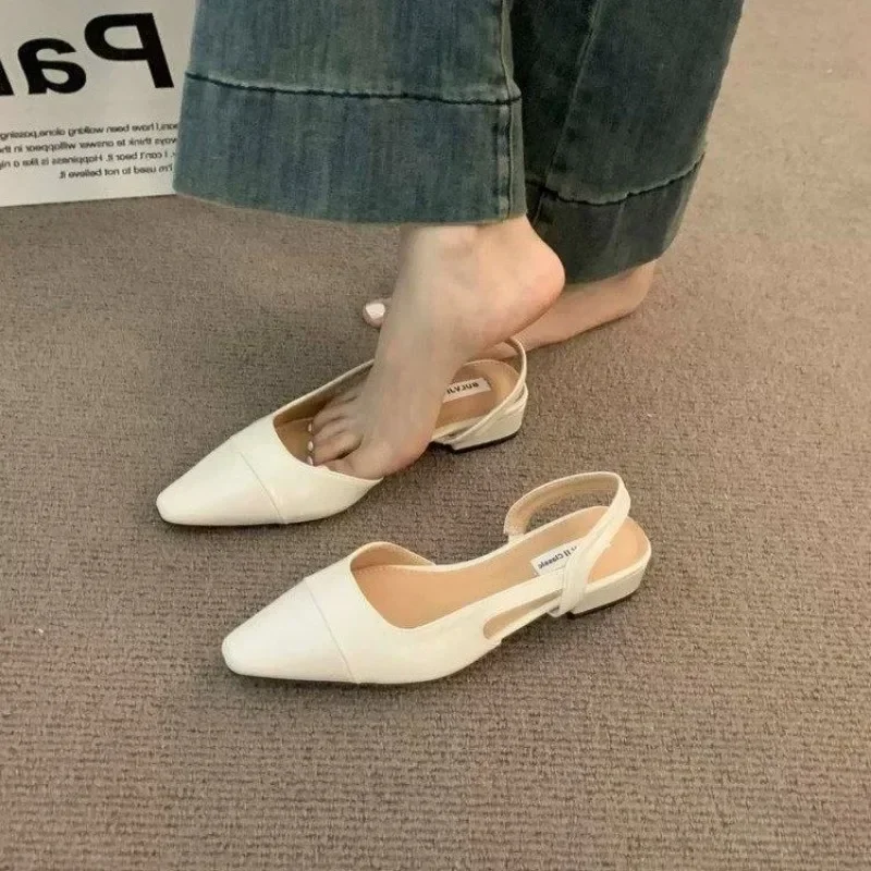 Low Heel Baotou Sandals Women\'s French Nude Color Pointed Small Fragrant Style Ladies Thick Heels Back Air Style Single Shoes