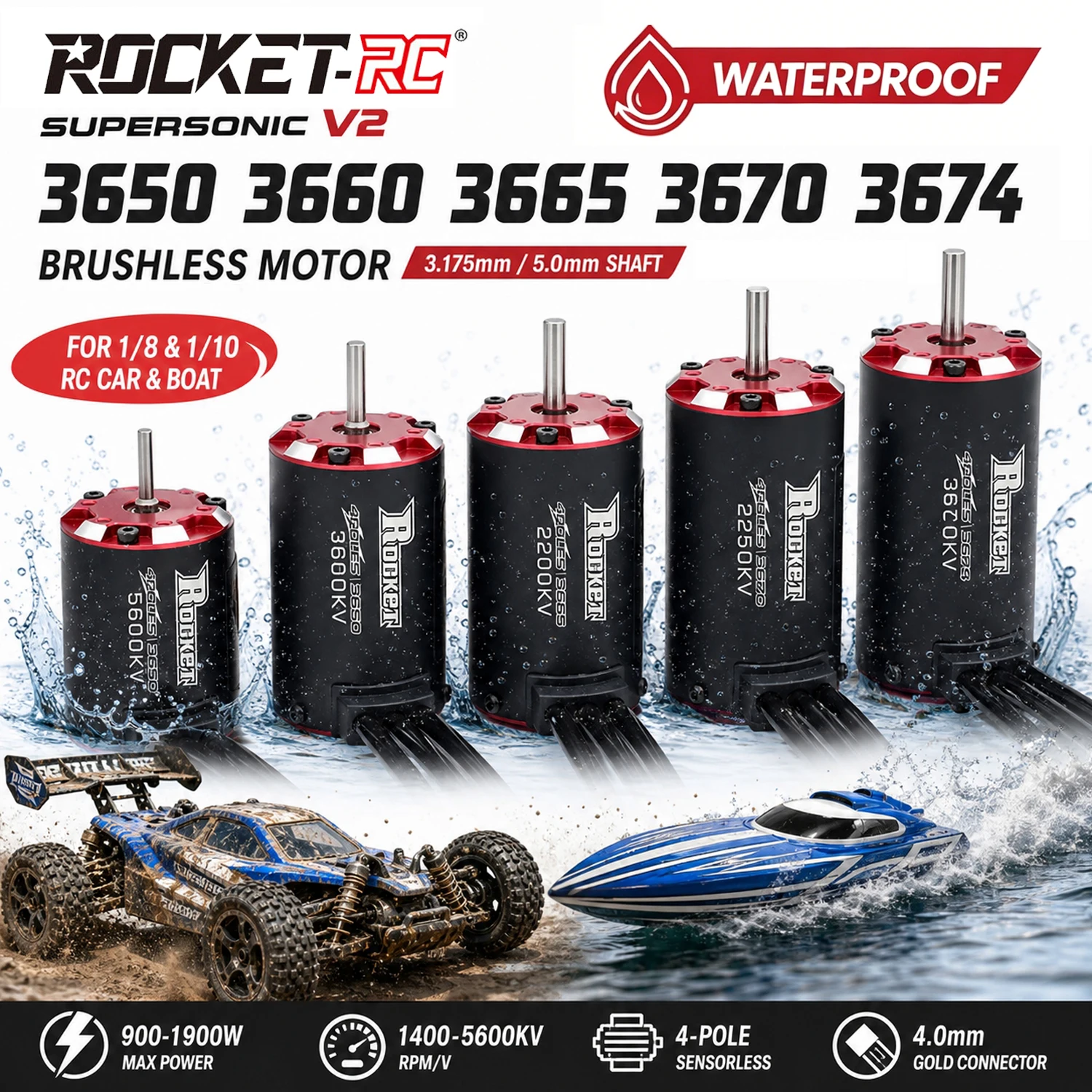 

Rocket V2 Supersonic Brushless Motor 3650 3660 3665 3670 3674 Waterproof Temp/Sensor Port for 1/8 1/10 RC Car Off-Road Boat Part