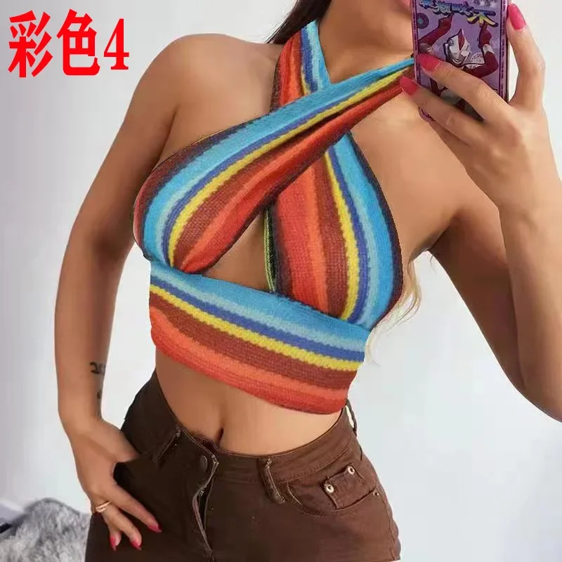 Y2k Hollow lavorato a maglia aderente collo colorato appeso senza maniche abbigliamento da donna sexy sottile maglia croce top sexy femme vestito 2023