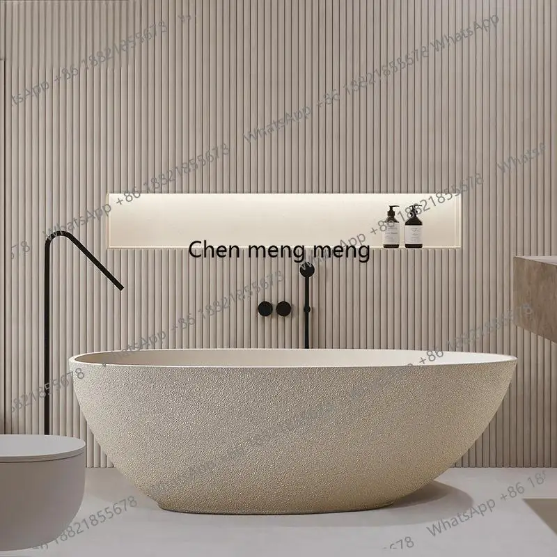 "Japanese Wabi Sabi Cream Egg-shaped Bathtub - Freestanding Designer Stone Tub for Luxury Hotel & Minimalist Villa"