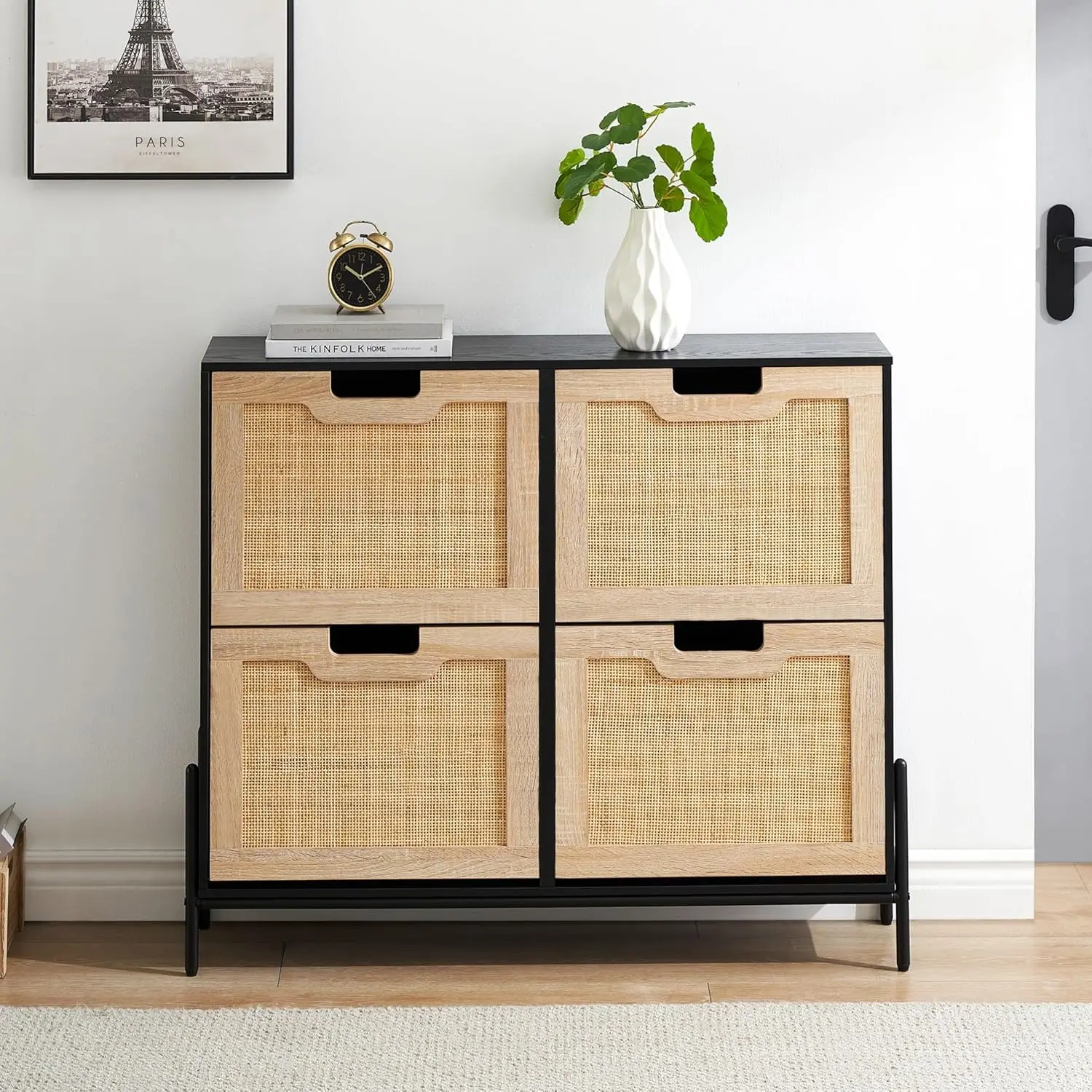 

Rattan 4 Door Shoe Cabinet Freestanding Entryway Adjustable Shelves Storage, Customized