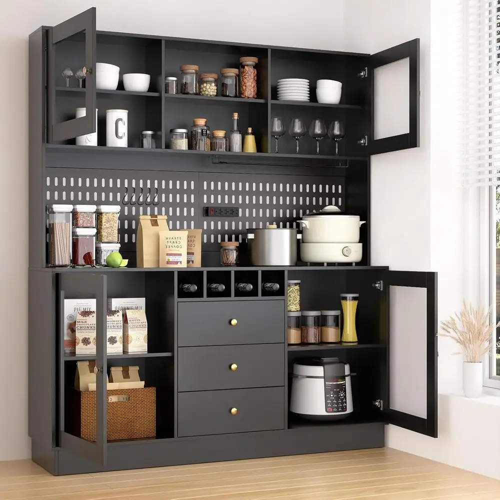 Armário de cozinha alto de 75 polegadas, despensa de 63 polegadas de largura, gaiola embutida com painel perfurado, suporte de copo, tomada de energia, 4 portas e 3 gavetas