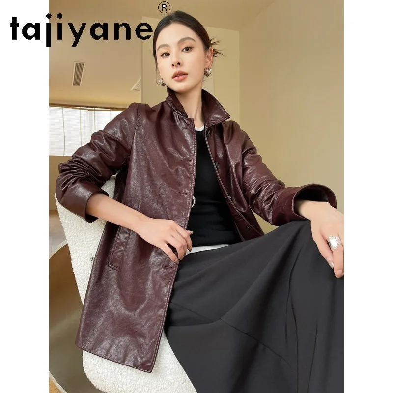 TAJIYANE Oil Waxed Goatskin Genuine Leather Jacket Woman Mid Length Trench Coat Lapel Jackets for Woman Leather Outerwear 가죽자켓