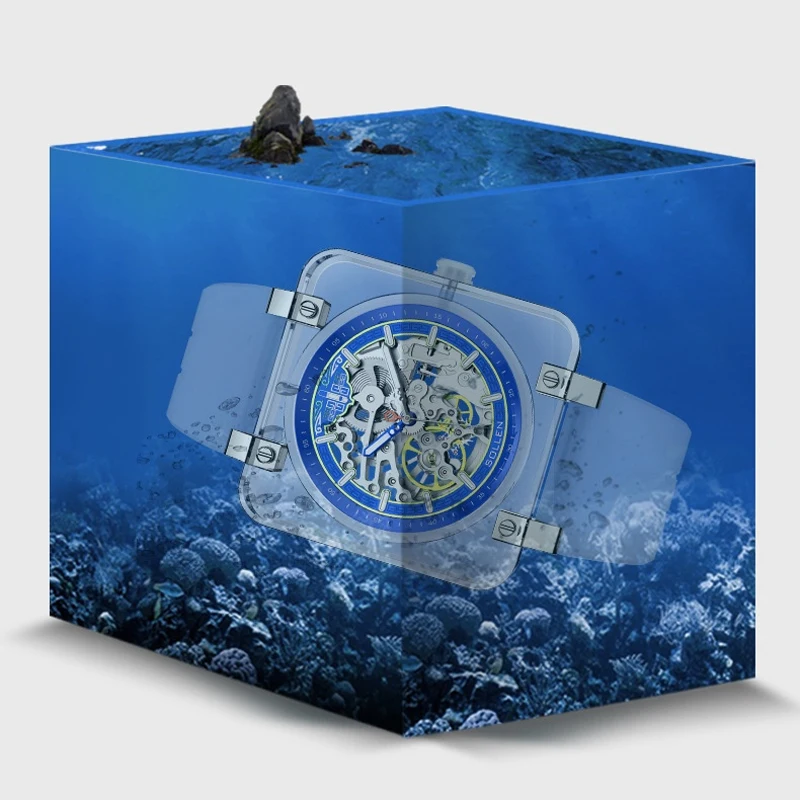 SOLLEN Mechanical Watch Skeleton Men Watch Fashion Transparent Square Dial Design Creative Men Automatic Watches Reloj SL325