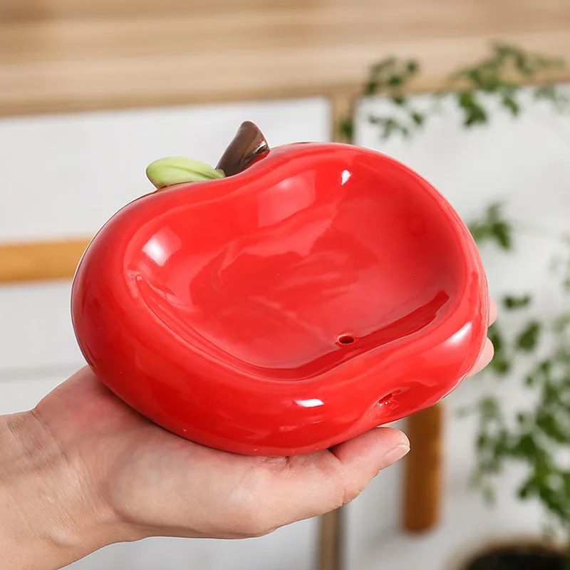 

1pc Portable Soap Dish Holder Rack Bathroom Accessories Red Apple Shape Soap Box Ceramic Cute Soap Dish Drain Storage Rack