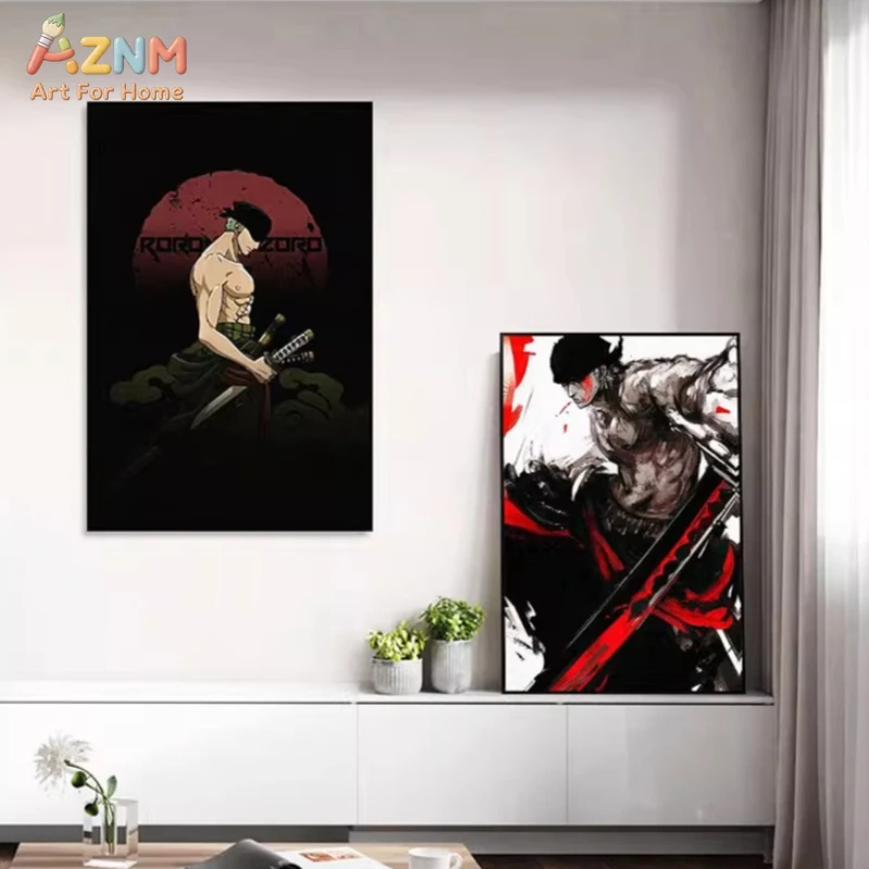 AZNM One Piece Roronoa Zoro Dark Red Sun Ink Style Anime Frameless Canvas Wall Art, Modern Living Room Bedroom Home Decor Painti