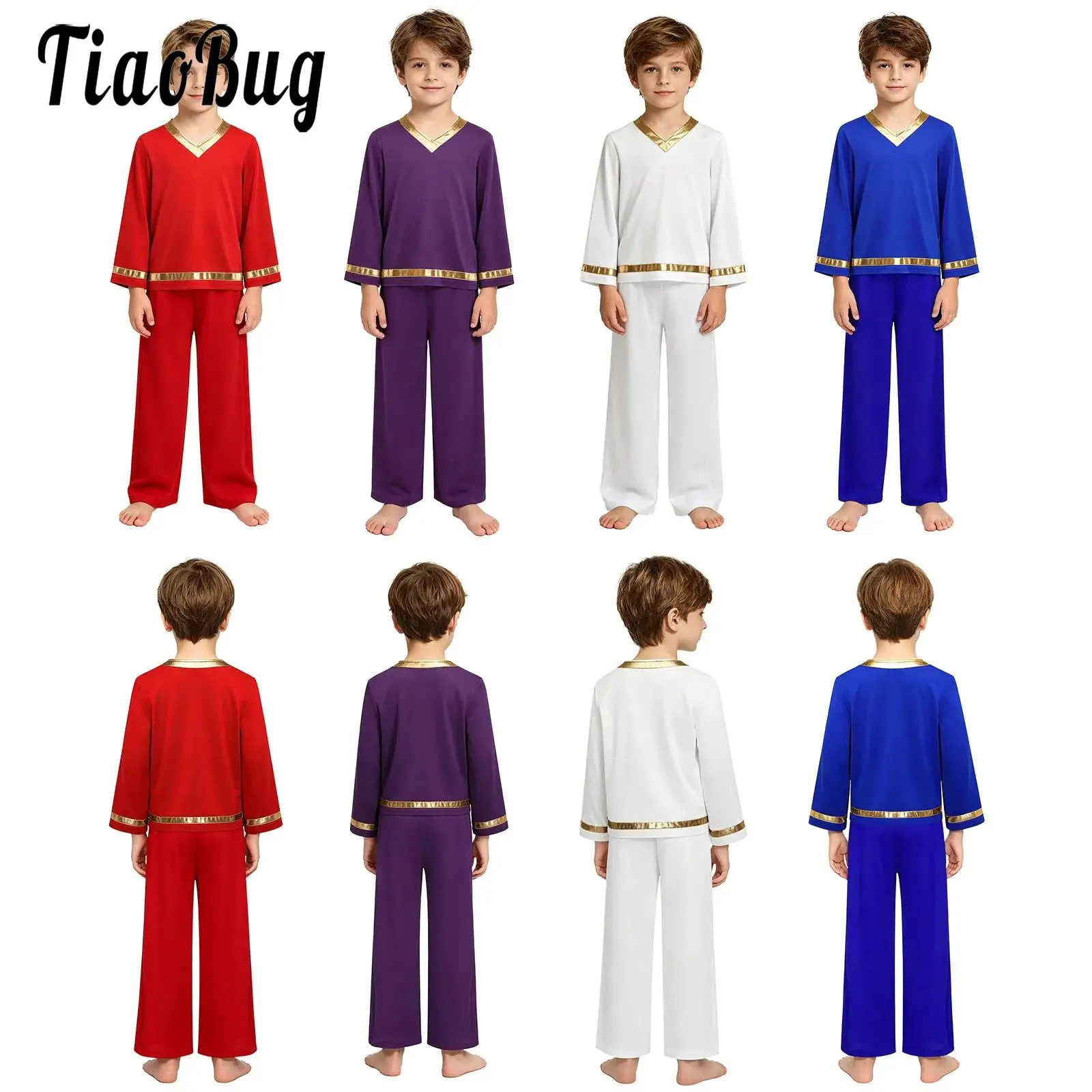 

Boys Worship Liturgical Praise Dance Outfits Long Sleeve Pullover Top with Wide-leg Pants Set for Kids Lyrical Modern Dancewear
