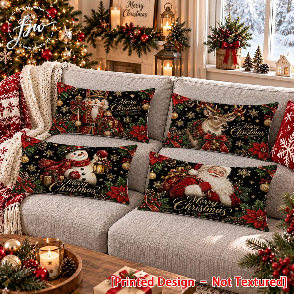 4pc Christmas Vintage Throw Pillow Covers , Retro Santa Snowman Reindeer Nutcracker Xmas Decorative Cushion Cases for Sofa Couch