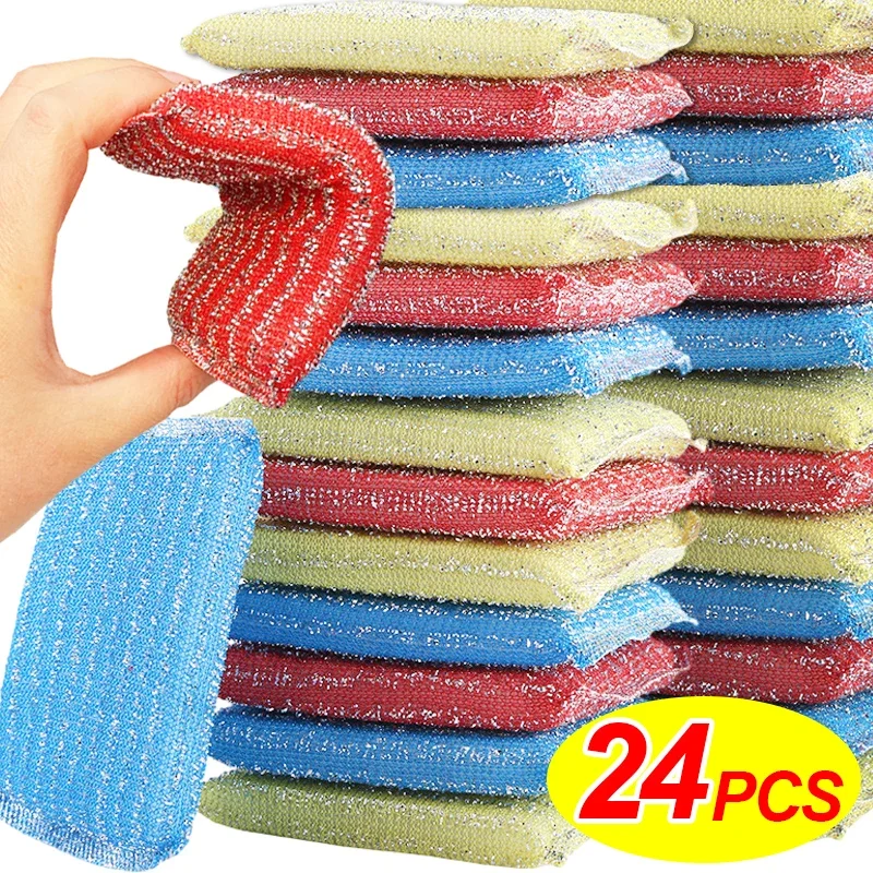 4/24PCS Steel Wire Sponge Wipe Blue Fine Stripe Dishwashing Brush Non Stick Pot Cleaning Sponges Scouring Rags Kitchen Tools