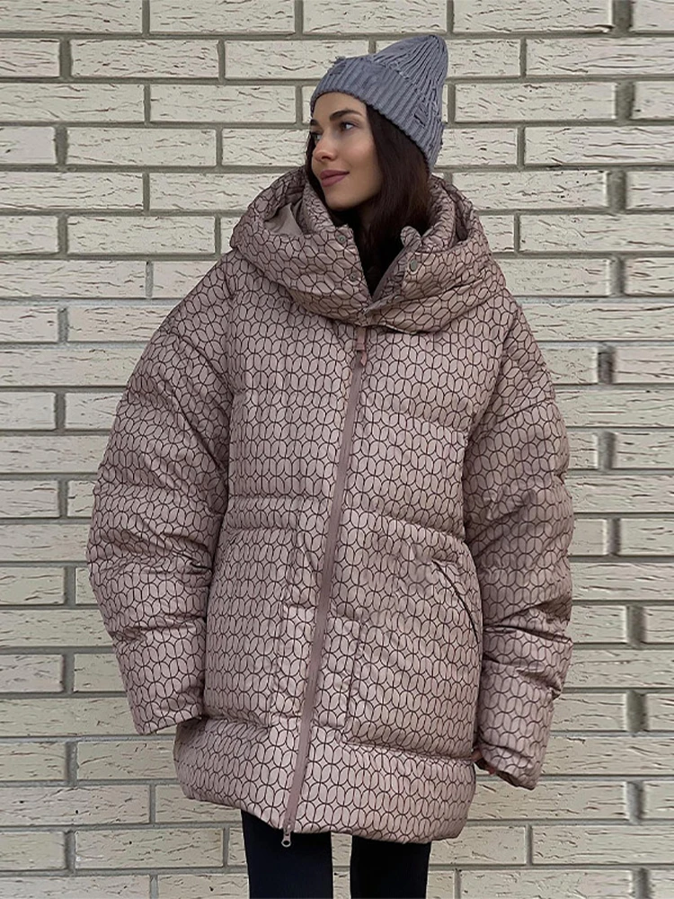 

Print Hooded Cotton Coat Women Casual Brown Stand Collar Full Sleeve Loose Jacket Chic Lady Winter Office Commute Snowwear