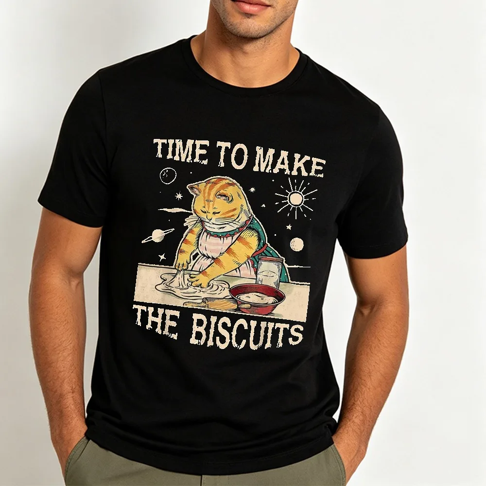 Time To Make The Biscuits Cooking Cat Graphic T Shirt Unisex O Neck Short Sleeve Retro Baking Kitty Funny Baker Cat Lover Tops