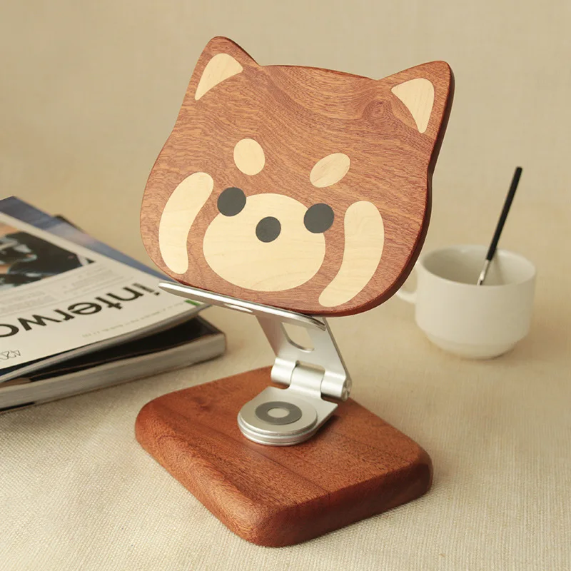 Pattern Storage for Walnut Phone Holders Adjustable Solid Wood Base Stand for Mobile Phone and Tablet with Cute Cartoon Raccoon