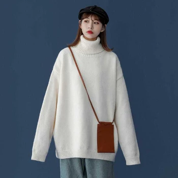 가을 겨울 두꺼운 터틀넥 긴 소매 여성 스웨터 블랙 화이트 내부 패션 루즈 캐주얼 오버 사이즈 풀오버 streetwear