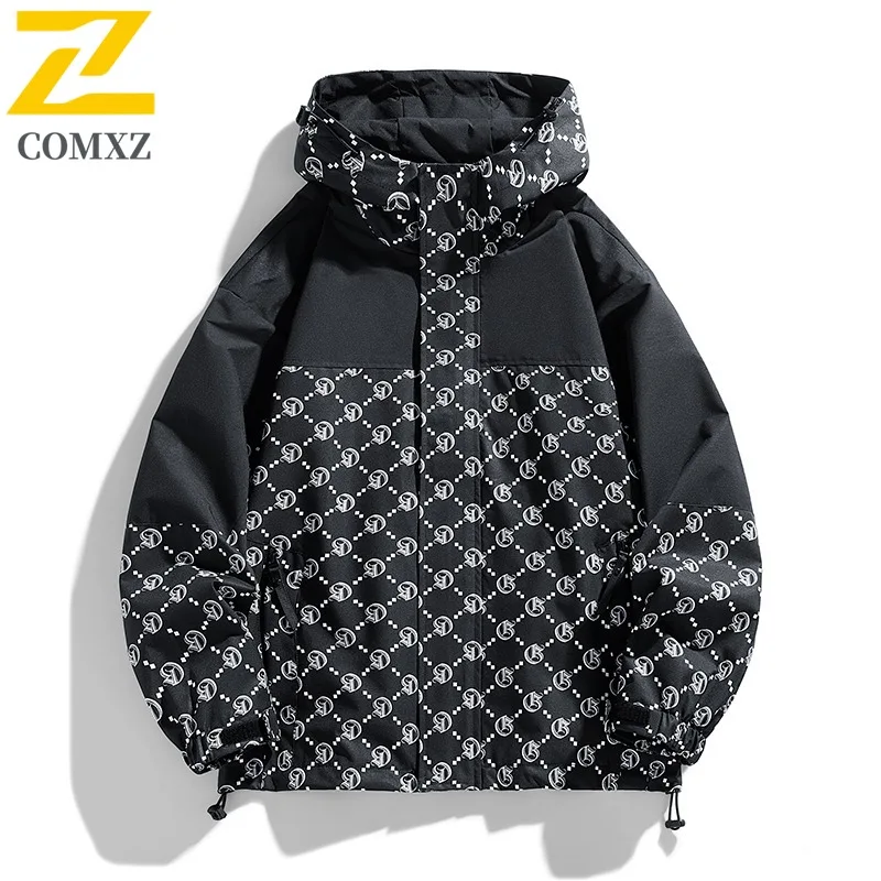 

COMXZ 2025 Men Women Couple Mountain Style Color Block Waterproof Windproof Jacket Spring Autumn Letter Print Trendy Coat