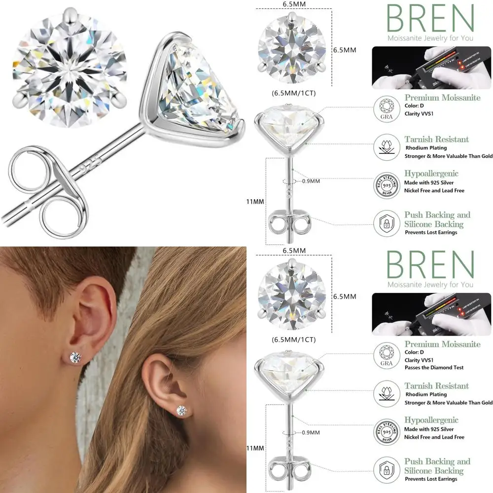 

Sterling Silver Moissanite Earrings - Hypoallergenic Imitation Diamond Studs for Women and Men, 925 Silver Jewelry