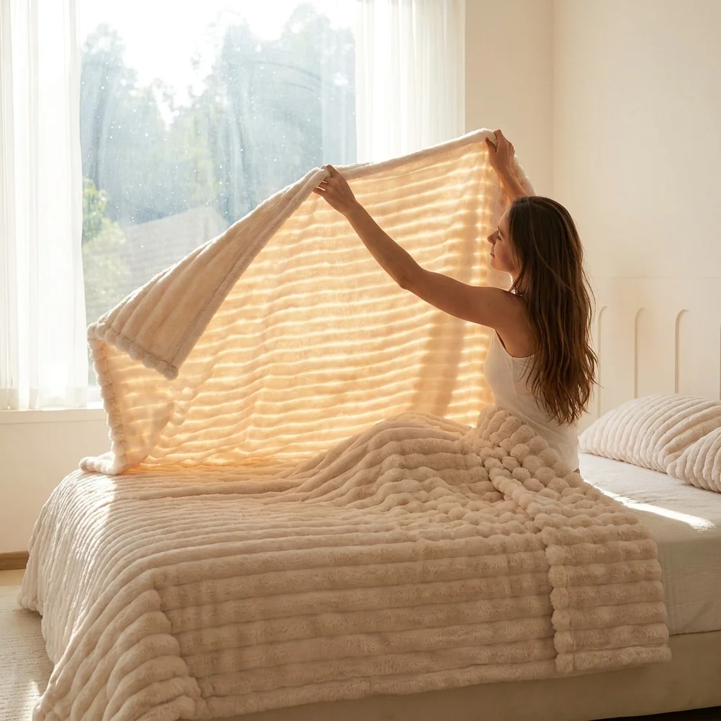 Ribbed Velvet Blanket Full Size  Channel Stitch Fuzzy Plush  Thick Warm Cozy for Deep Sleep  Machine Washable