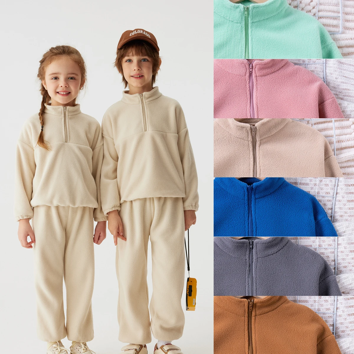 Winter Kids Casual Set, Solid Color Warm Long Sleeved Sports Top and Pants, for Boys and Girls Home or Shopping Set